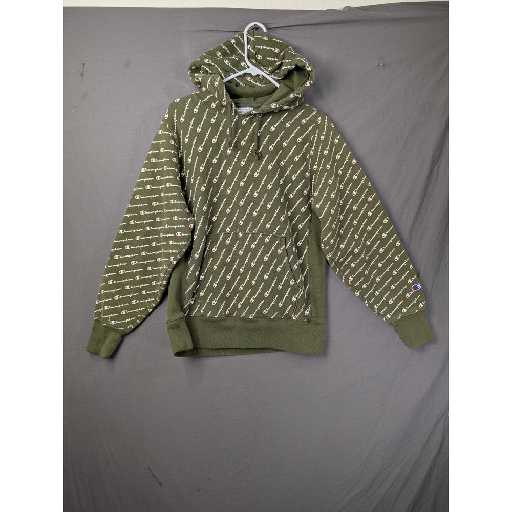 Champion Reverse Weave All Over Print Hoodie Olive Green Mens Medium